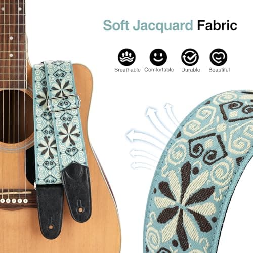 Adjustable 2 Wide Jacquard Embroidery Cotton Guitar Strap with Leather Ends - Includes Locks & Picks