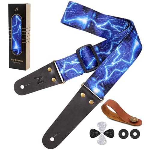 Vintage Embroidered Nefelibata Guitar Strap with Cowhide Ends, 1 Pair Locks & Picks — Lightning