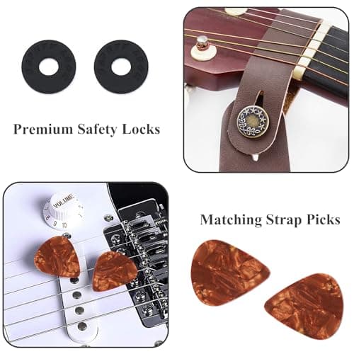 Adjustable Guitar Strap with 2 Locks, 2 Picks, Pick Holder & Leather Button