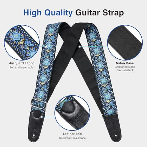 Jacquard Embroidery Bass Strap, 2" Wide Cotton with Leather Ends & Locks