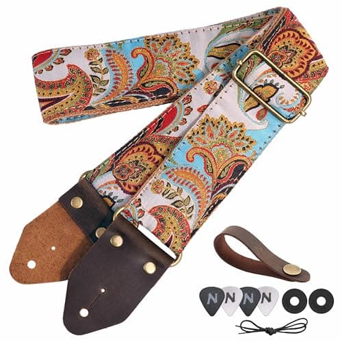 Nefelibata Golden Jacquard Embroidery Guitar Strap for Bass, Electric & Acoustic Guitars - Best Gift for Kids — H#-golden Silk Blue Flowers
