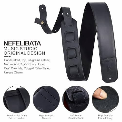 Guitar Strap for Bass, Electric and Acoustic Guitars - Wide Leather Strap (Black)