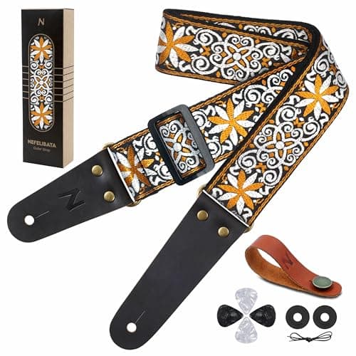 Vintage Embroidered Nefelibata Guitar Strap with Cowhide Ends, 1 Pair Locks & Picks — Yellow Flower
