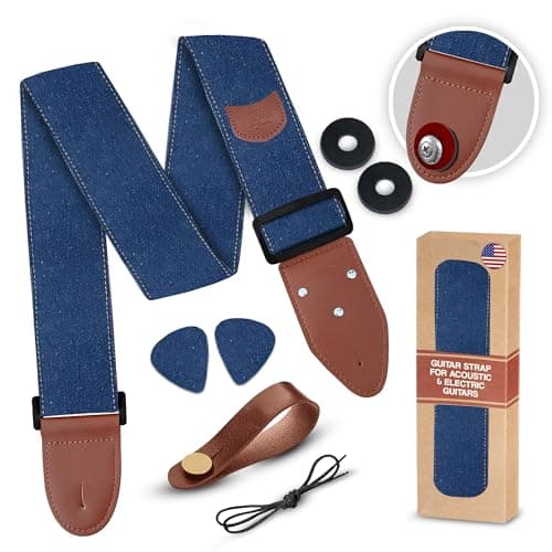 Adjustable Art Tribute Guitar Strap with Security Locks and Unique Picks — A Blue Denim