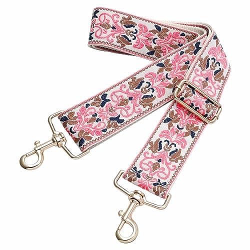 Nefelibata Adjustable 2 Purse Strap - Multi-Pattern Crossbody Replacement — Pink Flower Embroidery