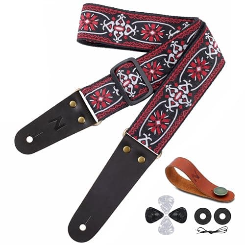 Guitar Strap with Flower Embroidery for Bass, Electric & Acoustic Guitars — O# - White Embroidery