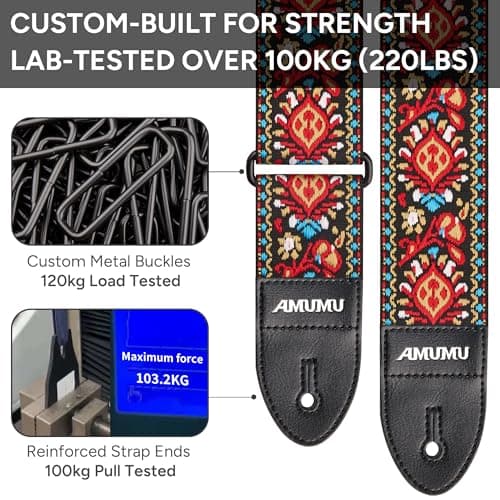 Amumu Red Flower Embroidery Guitar Strap for Acoustic, Electric & Bass - 2" Wide