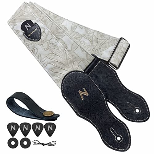 Nefelibata 2.3 Vegan Leather Guitar Strap with Pick Pocket - Vintage 60s Style (Green) — D# - White