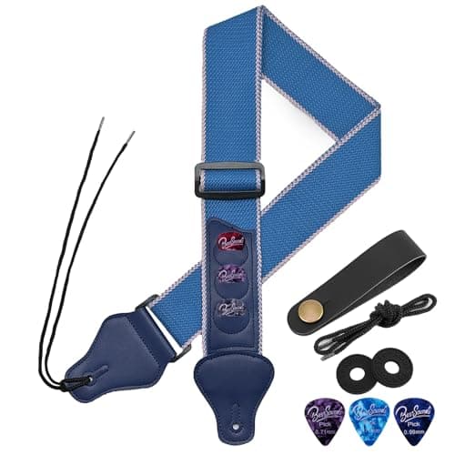 BestSounds Guitar Strap with Leather Head & Pick Holder Pockets — Blue