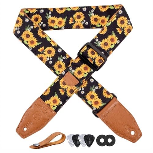 Floral Cotton Guitar Strap 2" Full Grain Leather Ends, Bass/Electric/Acoustic, Free Button & Picks — Yellow Daisy