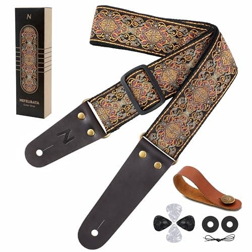 Vintage Embroidered Nefelibata Guitar Strap with Cowhide Ends, 1 Pair Locks & Picks — Gold Flower