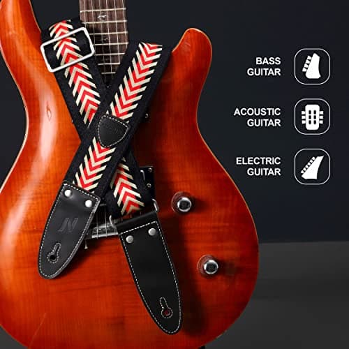 Nefelibata Guitar Strap, 2 Jacquard Embroidered Cotton Strap with Leather Ends (Vintage Arrowhead Red)