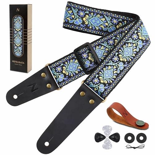 Nefelibata Embroidered Cotton Guitar Strap with Cowhide Ends (Saffron) — C# - Light Blue Flower