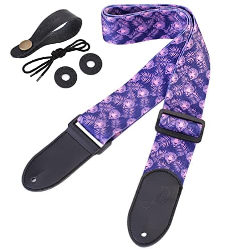 Ultra Comfortable Guitar Strap with 2 Locks & 1 Button for Bass, Electric & Acoustic Guitars — Purple Leopard