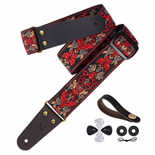 Jacquard Embroidery Guitar Strap, Full Grain Leather Ends with Hidden Pocket, for Bass, Electric and Acoustic Guitars