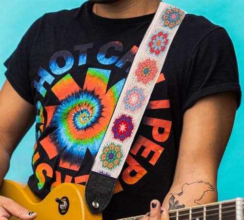 Beige Crochet Flower Guitar Strap for Acoustic, Bass, Electric (2" Wide)