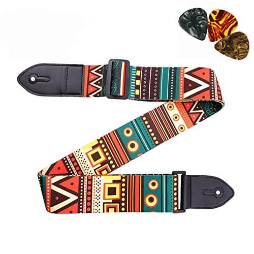 Adjustable Acoustic & Electric Guitar Strap, Leather & Polyester, Includes 3 Picks