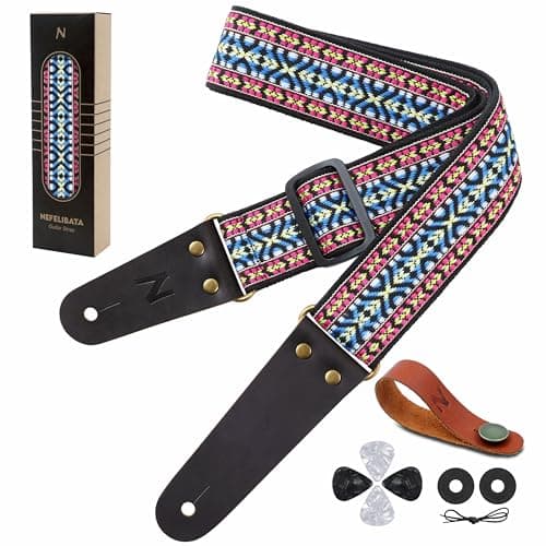 Guitar Strap with Flower Embroidery for Bass, Electric & Acoustic Guitars — Red & Black Woven Pattern