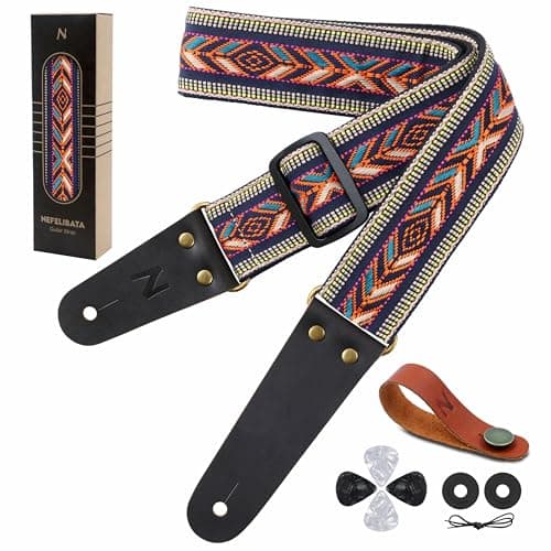 Nefelibata Embroidered Cotton Guitar Strap with Cowhide Ends (Saffron) — Brown Arrow