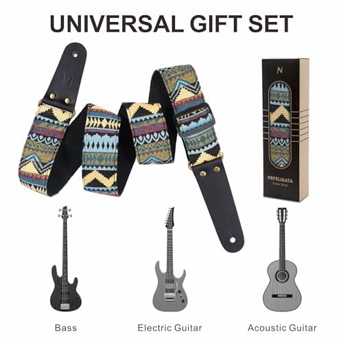 Nefelibata Vintage Cotton Guitar Straps with Cowhide Ends, 2 Locks & 4 Picks