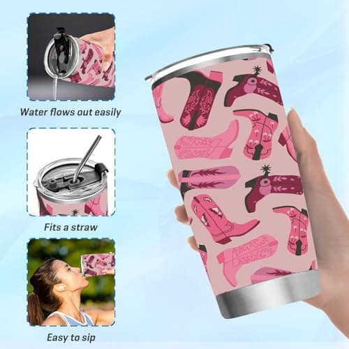 Cowboy Cowgirl Boots Tumbler - 12 oz Stainless Steel Travel Mug (Pink)