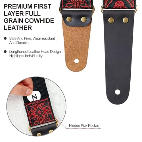 Red Cross Embroidery Nefelibata Guitar Strap for Bass, Electric & Acoustic Guitars