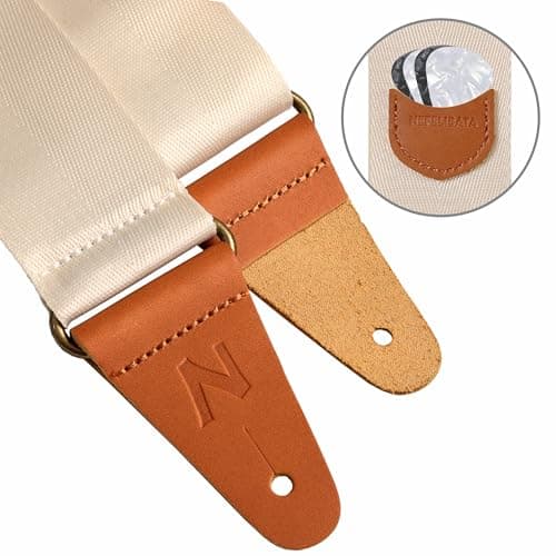 Nefelibata Vintage Nylon Guitar Strap with Pick Pocket and Leather Ends for Bass, Electric & Acoustic Guitars (Beige)