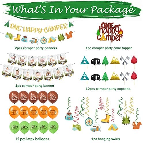 One Happy Camper First Birthday Party Decorations, Hombae Hanging Glitter Banner