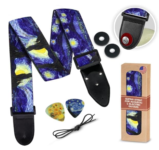 Van Gogh Sunflowers Guitar Strap Bundle with 2 Locks & Picks — Starry Night