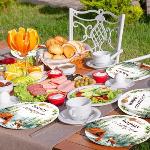 One Happy Camper Camping Party Decorations - 96PCS Disposable Dinnerware for 24 Guests