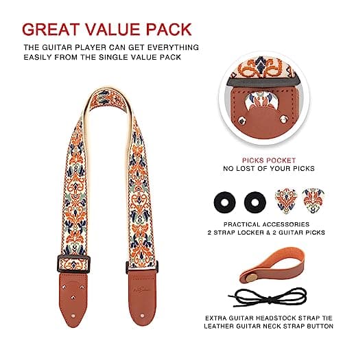 Jacquard Embroidered Cotton Guitar Strap with Pick & Locks for Bass, Electric & Acoustic Guitars