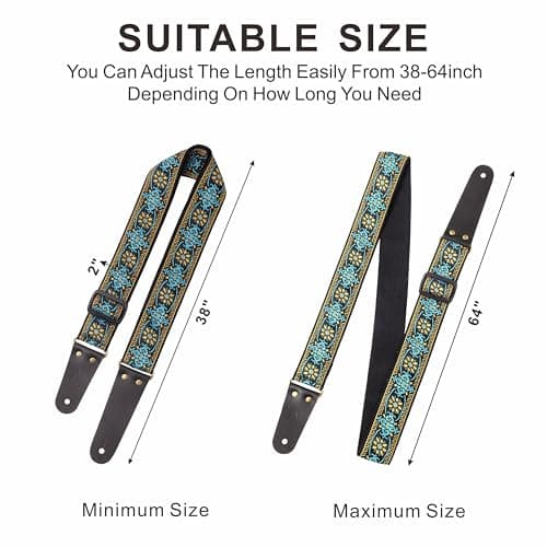 Nefelibata Embroidered Cotton Guitar Strap with Leather Ends, 1 Pair Locks & Picks