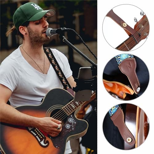 Nefelibata Banjo Strap, 2 Wide Double Full Grain Cowhide Guitar Strap - Small Flower Embroidery