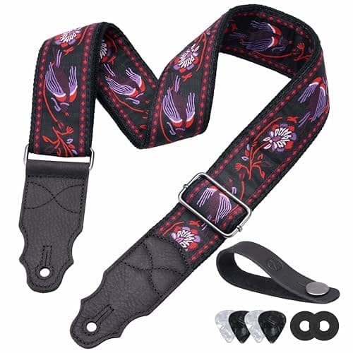 Head Layer Cowhide Leather Guitar Strap, 2" Wide, 2 Locks, 4 Picks Included — Purple Bird