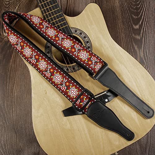 Jacquard Embroidered Cotton Guitar Strap with Leather Ends for Bass, Acoustic, Electric