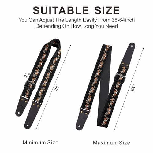 Nefelibata Flower Embroidery Guitar Strap, Cowhide Ends, Free Button & Locks, 1 Pair Picks
