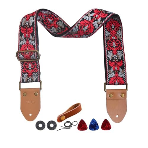 Yellow Flower Jacquard Weave Acoustic Bass Guitar Strap with 2 Locks + 3 Picks — Red+grey