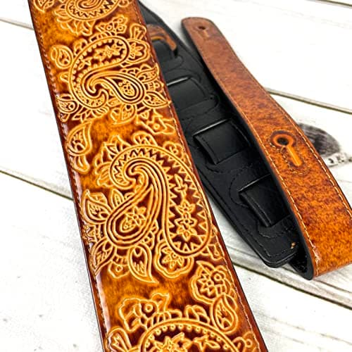 Walker And Williams Vintage Paisley Latigo Tan Padded Guitar Strap