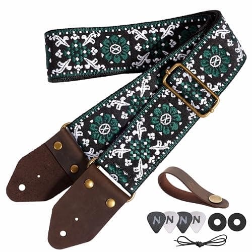 Nefelibata Guitar Strap with Crazy Horse Leather Ends for Bass, Electric & Acoustic — F#-dark Green Flower Embroidery