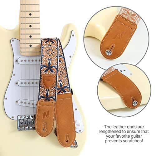 Nefelibata Vintage Woven Guitar Strap, Double Leather Ends, Vintage Blue Gold Embroidery-Free Bonusurities