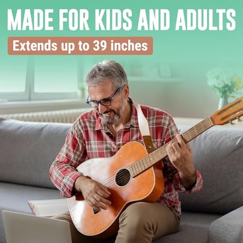 2 Pack Kids Guitar Strap - White + Black with Leather Ends - Perfect for Mini Guitars & Ukuleles - Extends to 39"