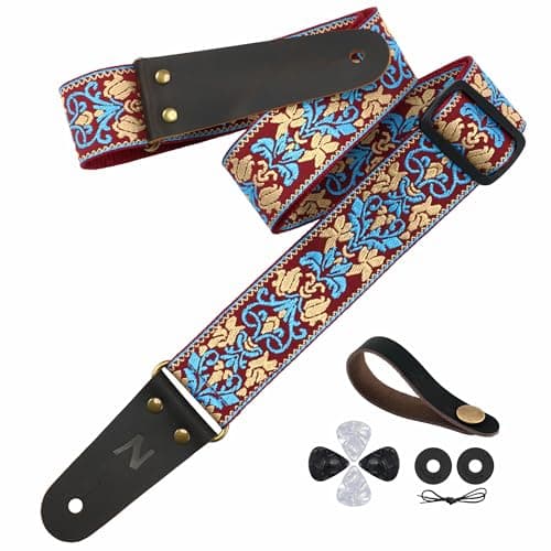 Jacquard Embroidery Guitar Strap, Full Grain Leather Ends with Hidden Pocket, for Bass, Electric and Acoustic Guitars — Retro Blue Flowers
