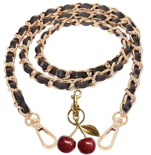 UTreers Crossbody Bag with 47.2" Chain Strap — A Gold Chain Black Leather 47.2"+cherry