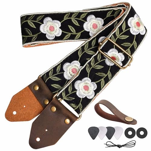 Nefelibata Golden Jacquard Embroidery Guitar Strap for Bass, Electric & Acoustic Guitars - Best Gift for Kids — I#-retro White Petals