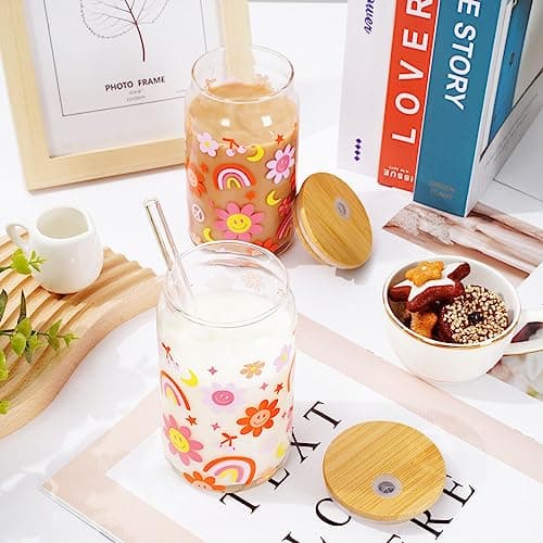 Boho 16oz Glasses with Bamboo Lids and Straws for Coffee and Cocktails, 2Pcs