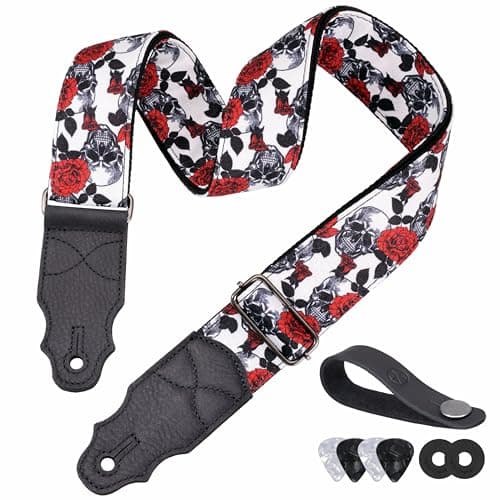Head Layer Cowhide Leather Guitar Strap, 2" Wide, 2 Locks, 4 Picks Included — Red Roses & Skulls