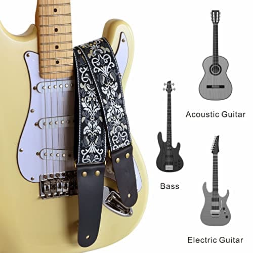Embroidered Guitar Strap with Leather Ends & Pocket, for Bass & Electric Guitars
