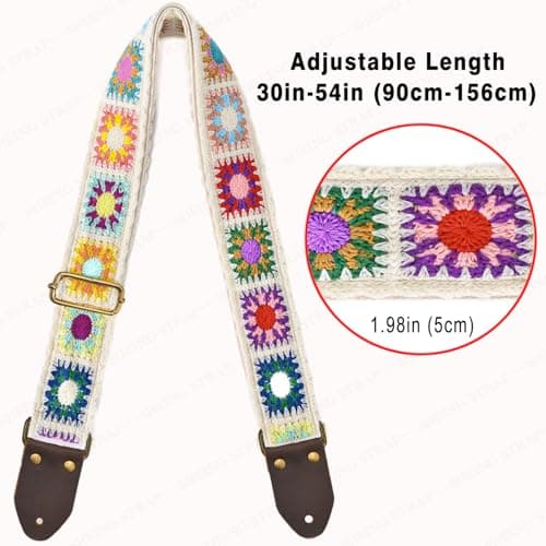 Crochet Flower Cotton Guitar & Bass Strap, Adjustable with Leather Ends