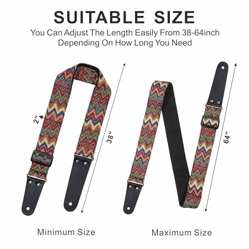 Vintage Jacquard Weave Cotton Guitar Strap with Leather Ends for Bass, Electric & Acoustic Guitars