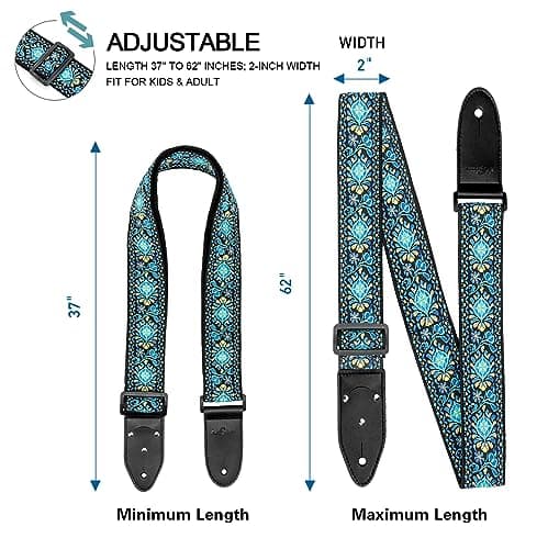 Genuine Leather Electric/Acoustic Guitar Bass Strap, Blue, with Pick Holder & Locks